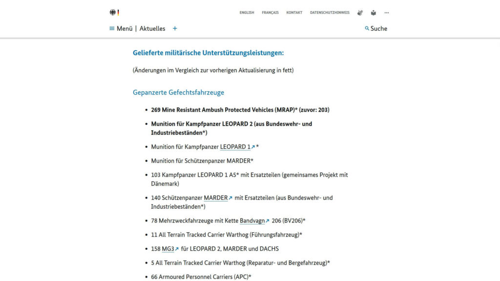 Military aid list by the German government
